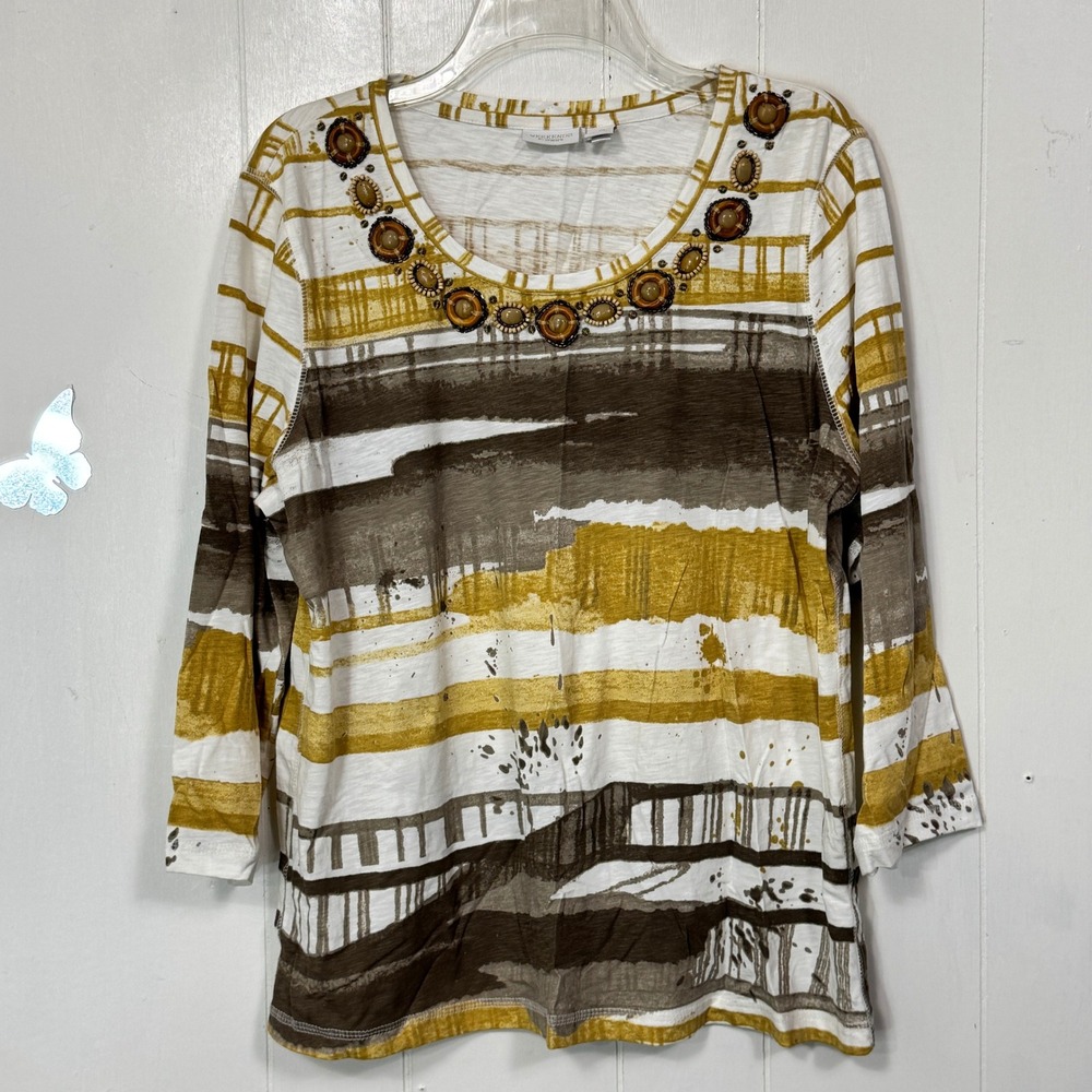 Weekends by Chico's Brown Gold Embellished Striped Cotton Top Blouse Size Large
